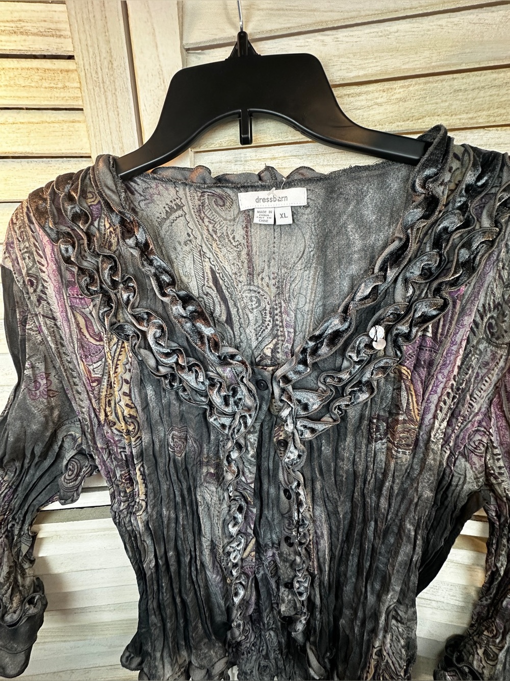 Vintage Crinkle Ruffled Sheer Gray & Purple Paisley Long Bell sleeve top XL Y2K - Picture 4 of 12